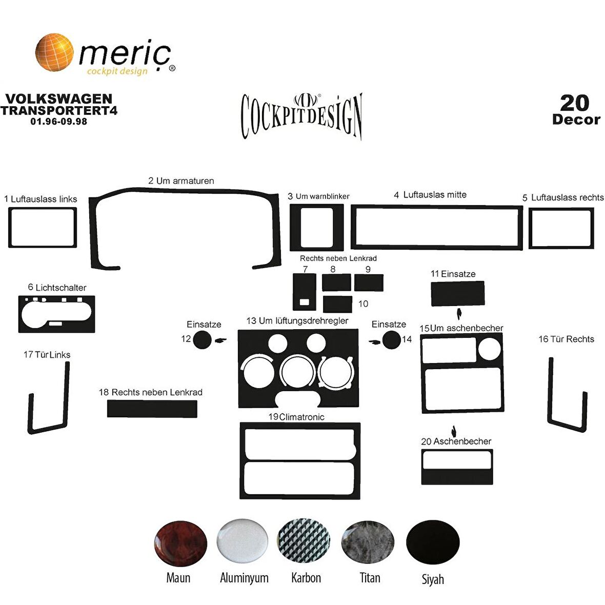 Meriç® VW Transporter T4 Ön Torpido Kaplama 20 Parça 1996-1998