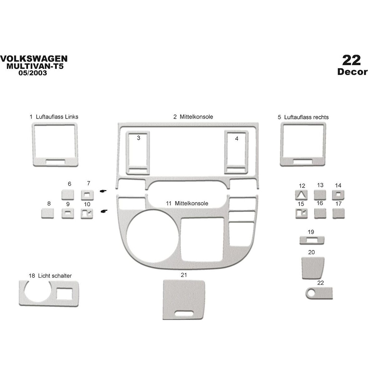 Meriç® Volkswagen T5 Multivan Ön Torpido Kaplama 22 Parça 2003-2009