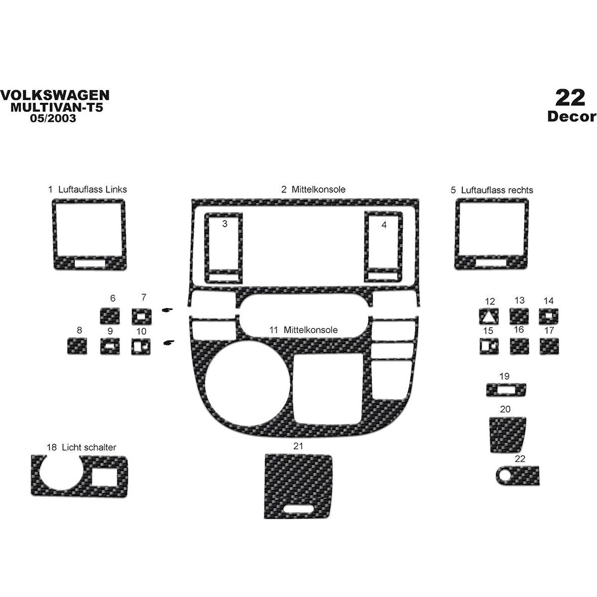 Meriç® Volkswagen T5 Multivan Ön Torpido Kaplama 22 Parça 2003-2009