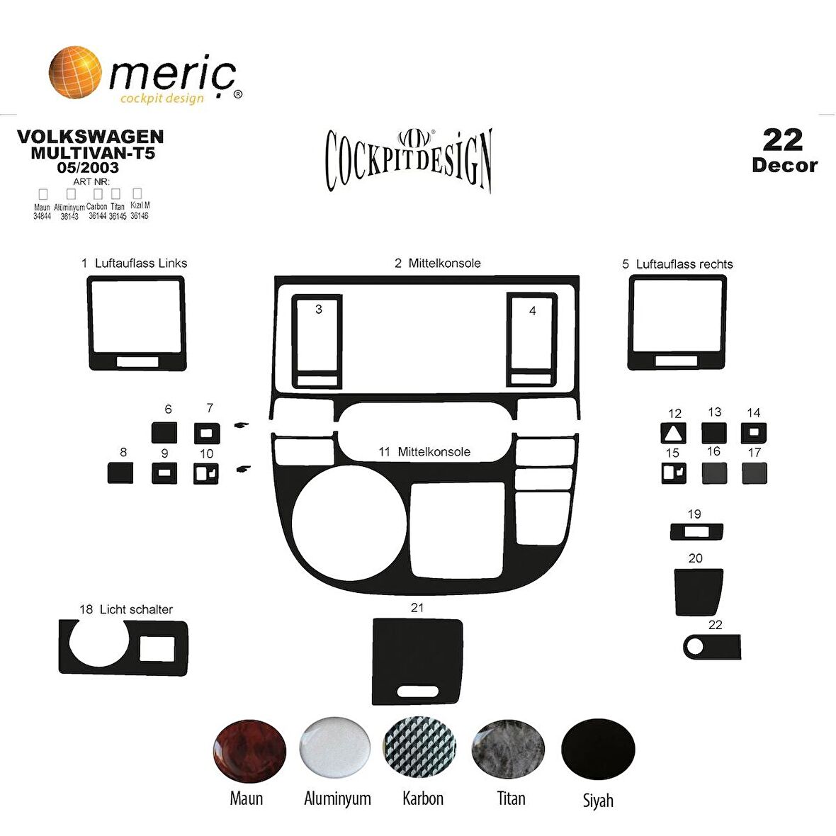 Meriç® Volkswagen T5 Multivan Ön Torpido Kaplama 22 Parça 2003-2009