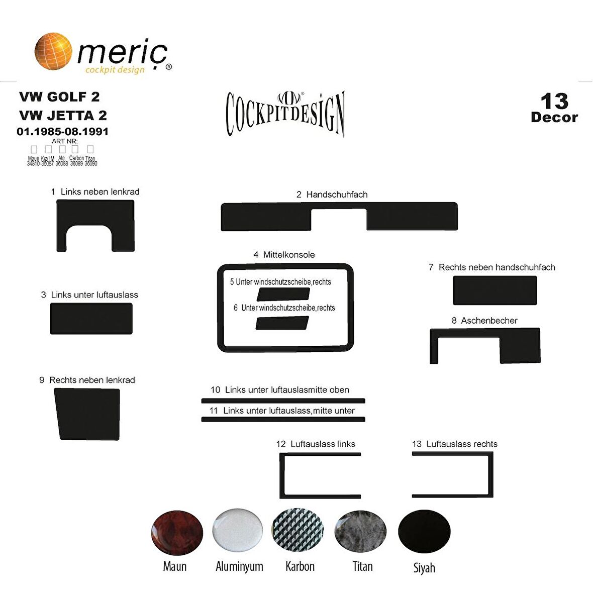 Meriç® Volkswagen Golf 2 Ön Torpido Kaplama 13 Parça 1985-1991