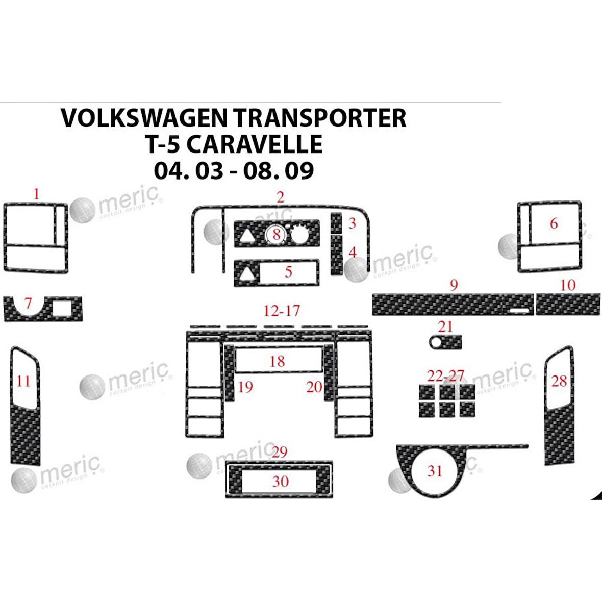 Meriç® VW Carevella T5 Ön Torpido Kaplama 31 Parça 2003-2009
