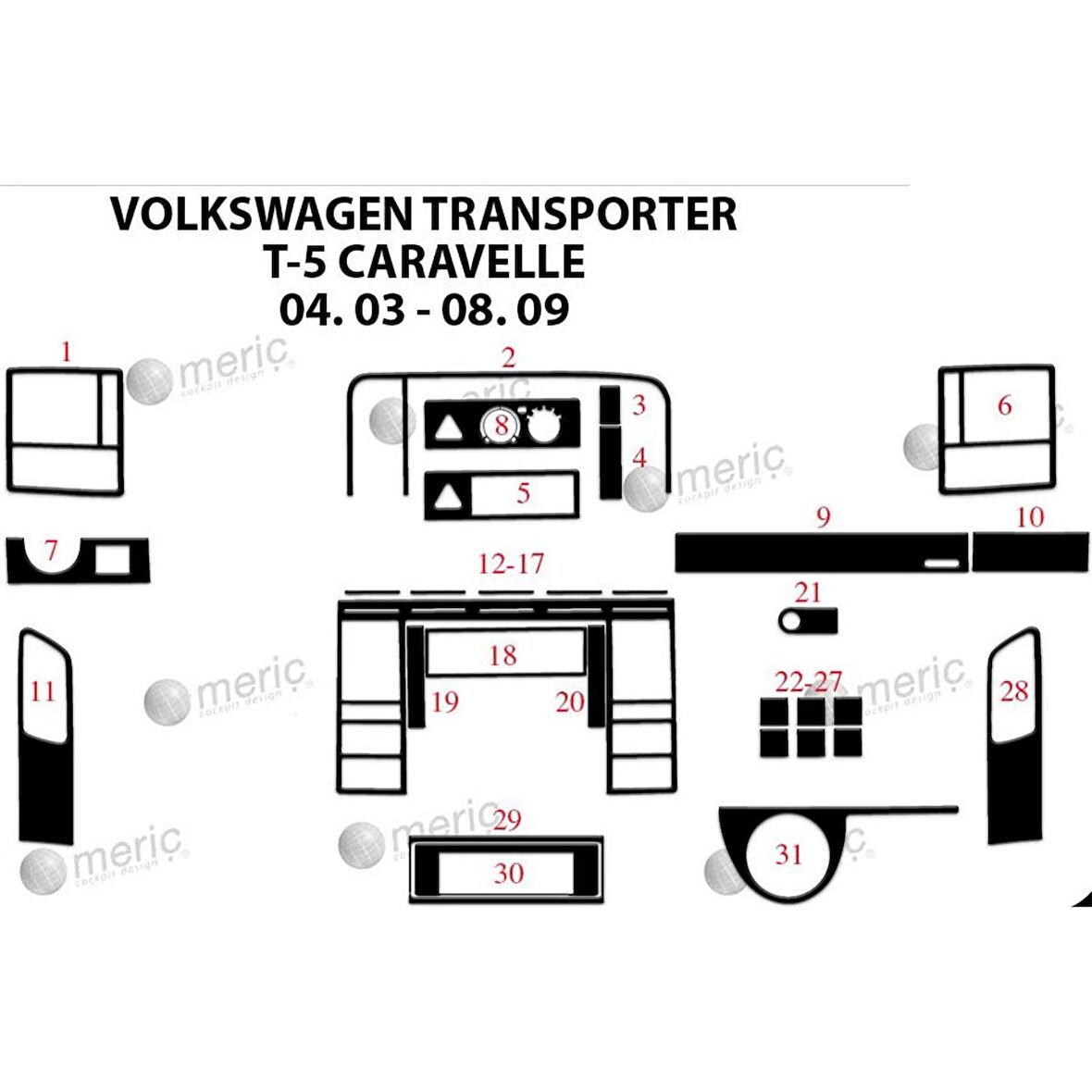 Meriç® VW Carevella T5 Ön Torpido Kaplama 31 Parça 2003-2009