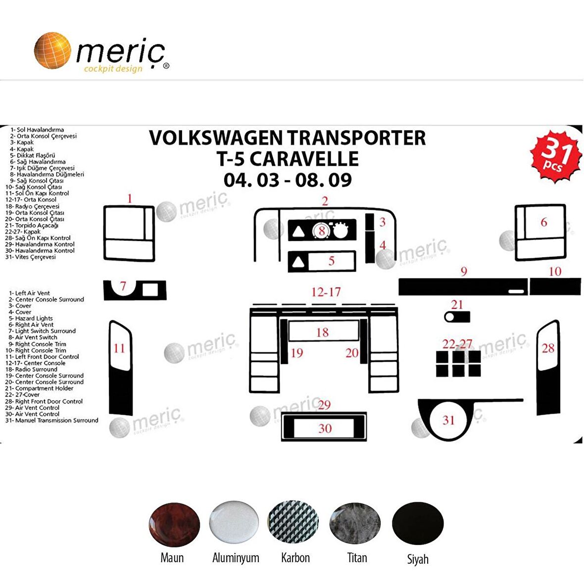 Meriç® VW Carevella T5 Ön Torpido Kaplama 31 Parça 2003-2009