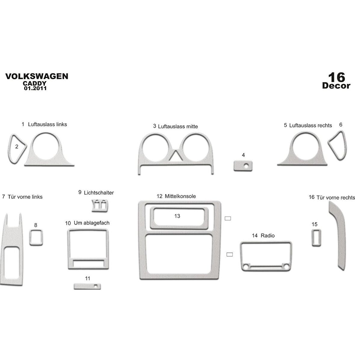 Meriç® Volkswagen Caddy Ön Torpido Kaplama 16 Parça 2010-2014