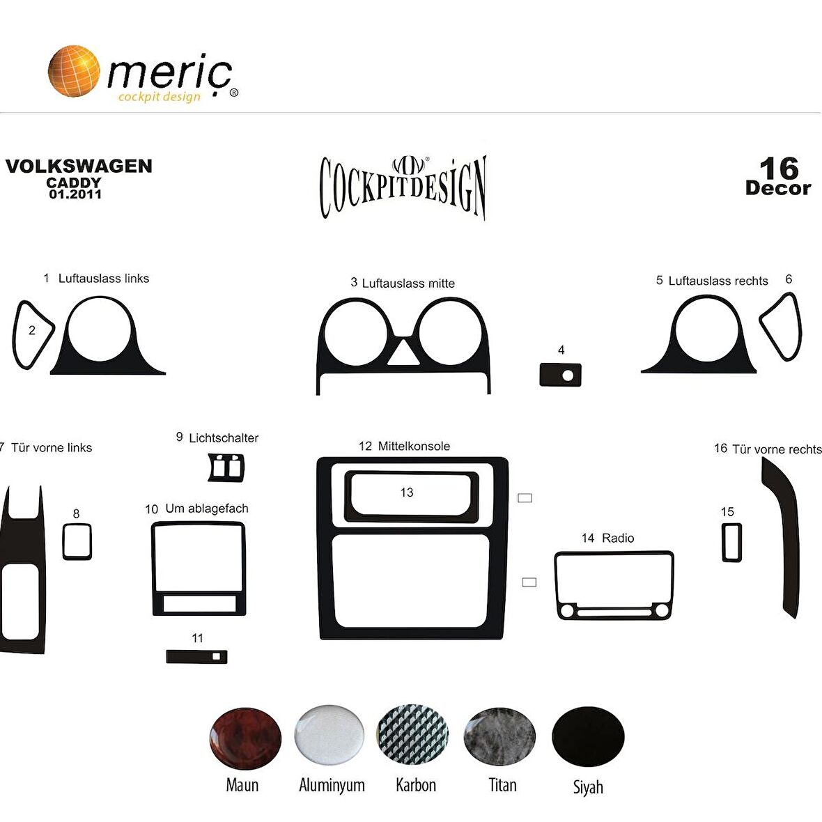 Meriç® Volkswagen Caddy Ön Torpido Kaplama 16 Parça 2010-2014