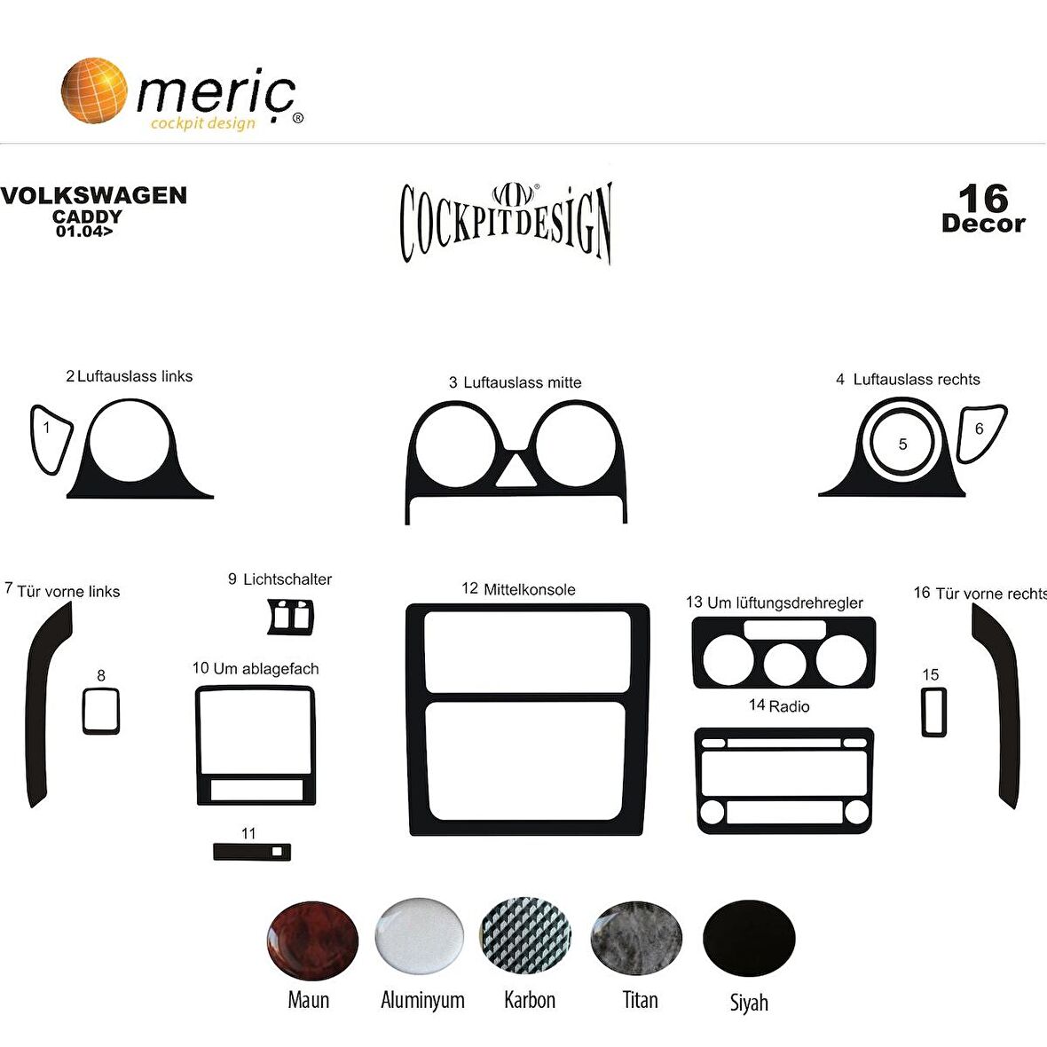Meriç® Volkswagen Caddy Ön Torpido Kaplama 16 Parça 2004-2009