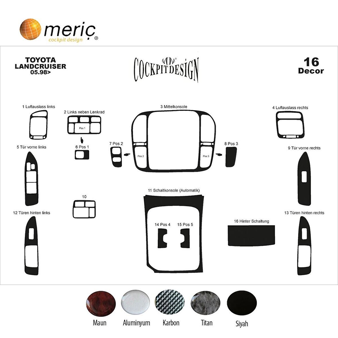 Meriç® Toyota Land Cruiser Ön Torpido Kaplama 16 Parça 1998-2003