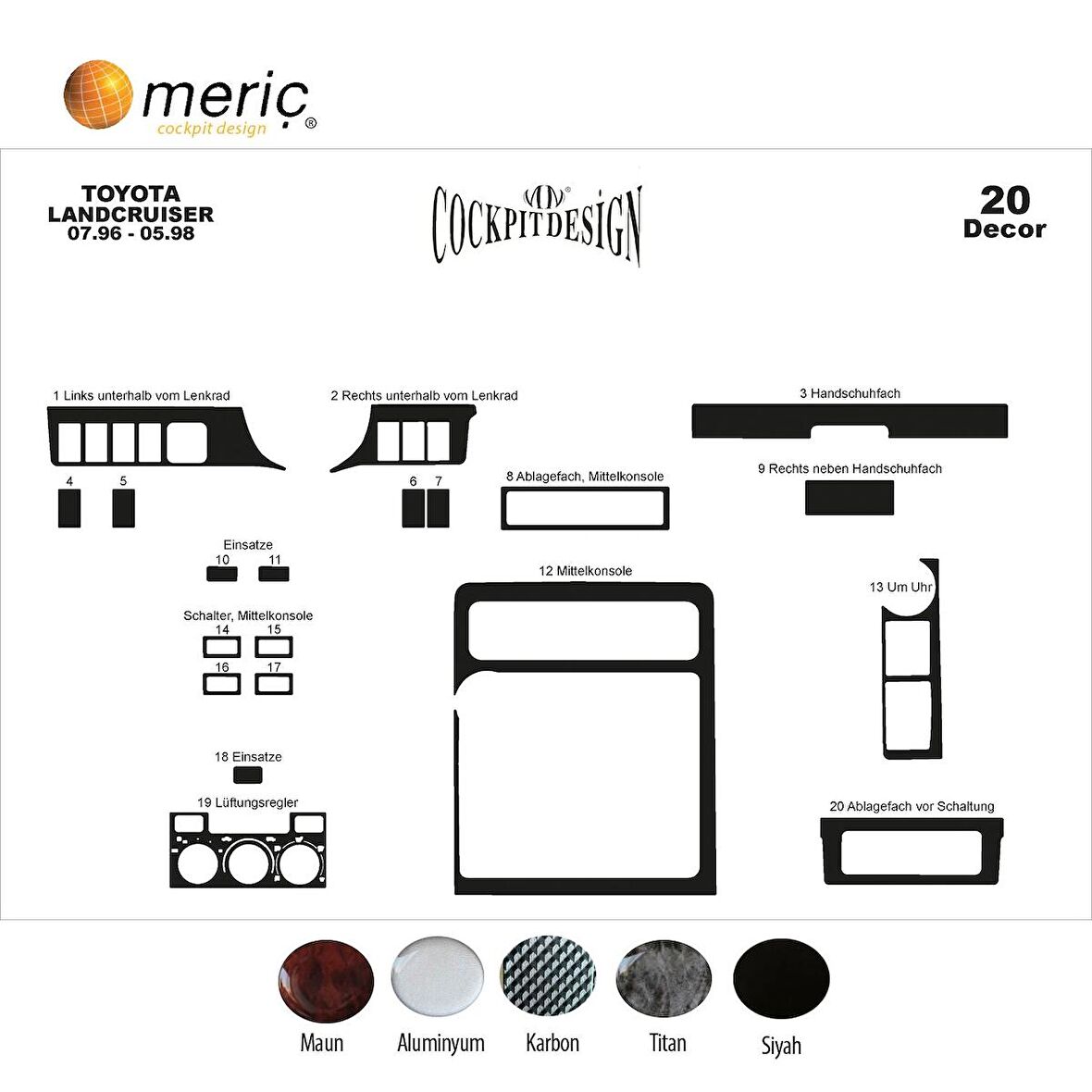 Meriç® Toyota Land Cruiser Ön Torpido Kaplama 20 Parça 1996-1998