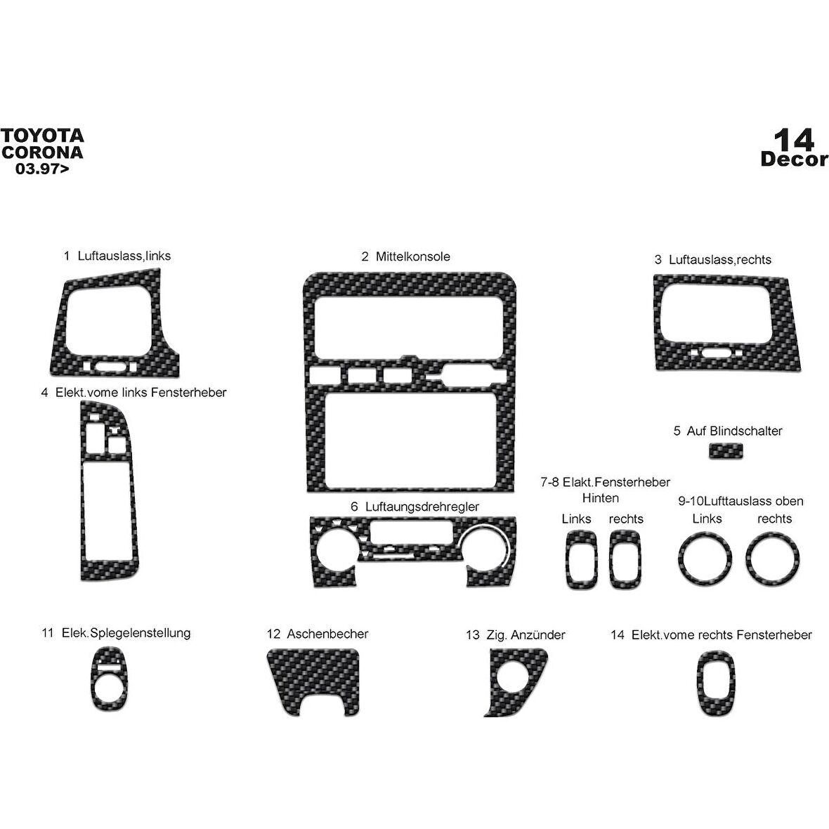 Meriç® Toyota Corona Ön Torpido Kaplama 14 Parça 1997-2003