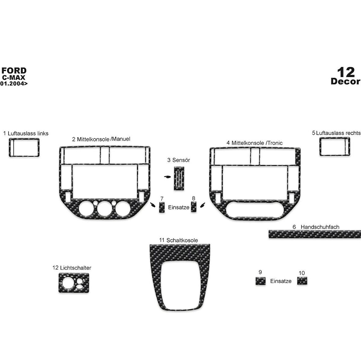Meriç® Ford C-Max Ön Torpido Kaplama 12 Parça 2004-2010
