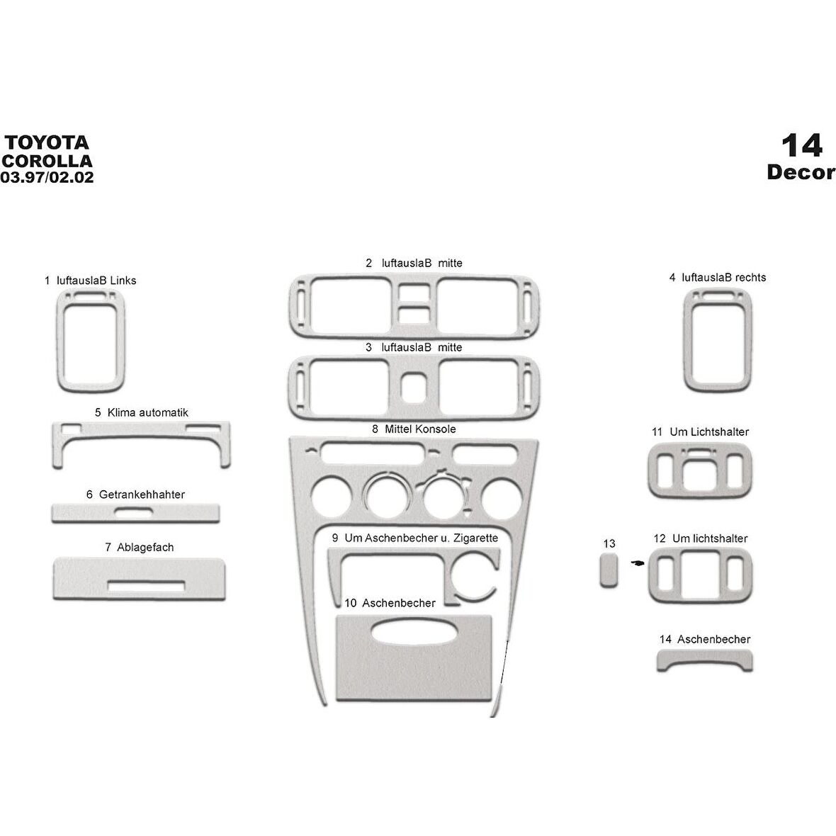 Meriç® Toyota Corolla Ön Torpido Kaplama 14 Parça 1997-2002