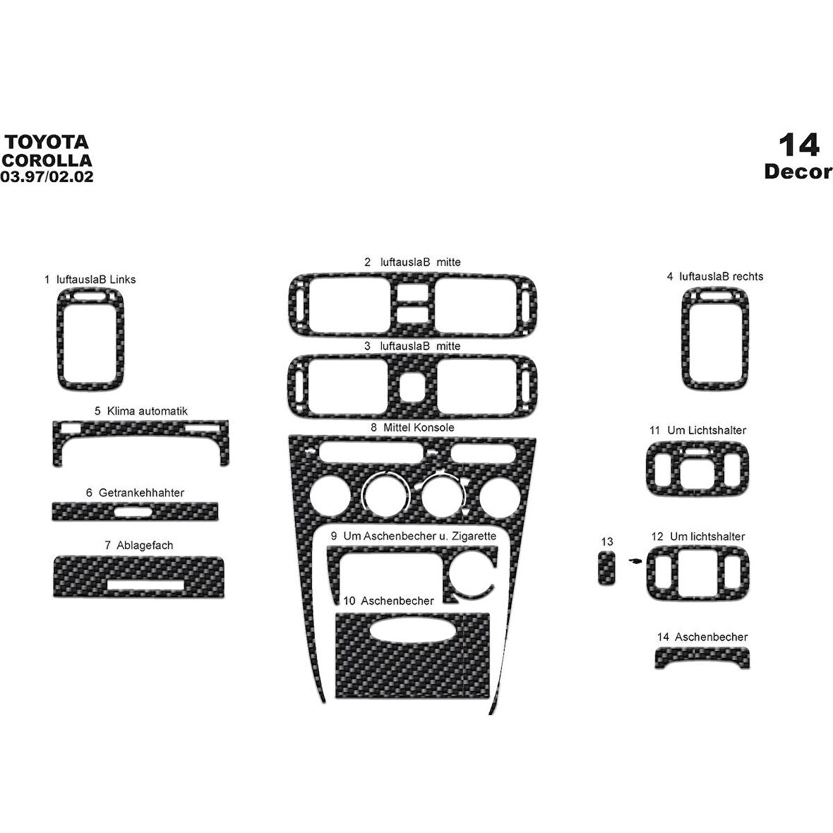 Meriç® Toyota Corolla Ön Torpido Kaplama 14 Parça 1997-2002
