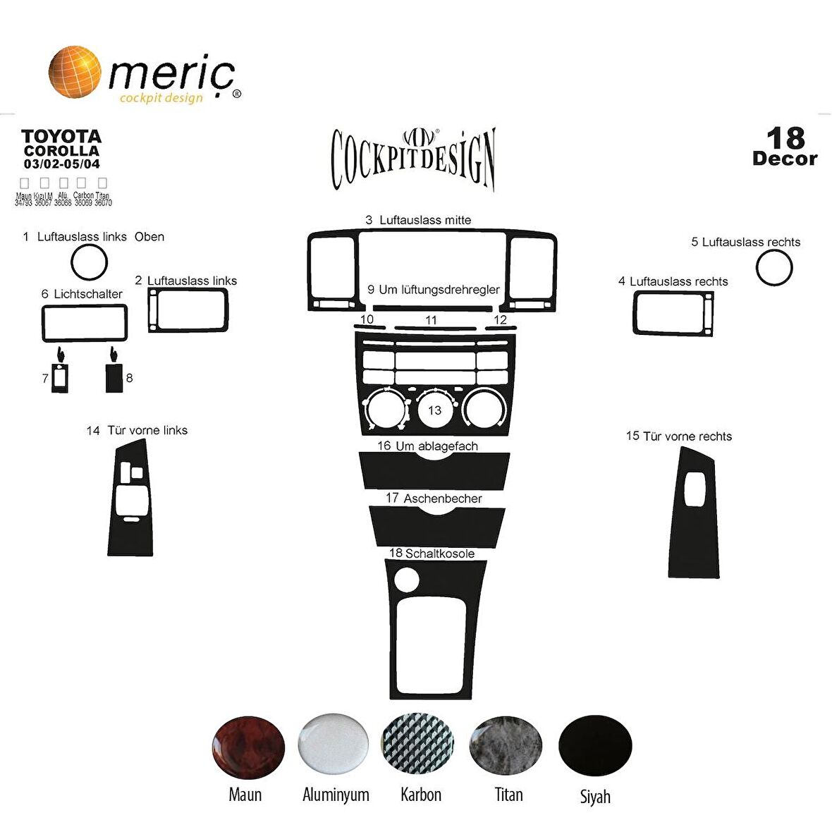 Meriç® Toyota Corolla Ön Torpido Karbon Kaplama 18 Parça 2002-2004
