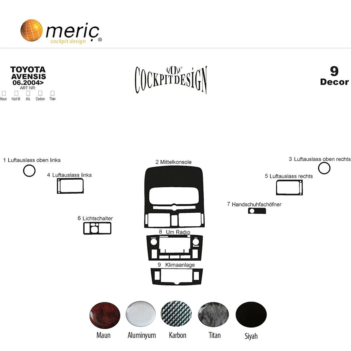 Meriç® Toyota Avensis Ön Torpido Kaplama 9 Parça 2004-2005