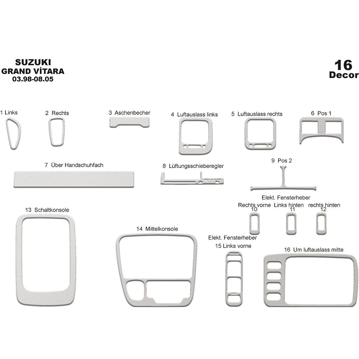 Meriç® Suzuki Grand Vitara 4x4 Torpido Kaplama 16 Parça 1998-2005
