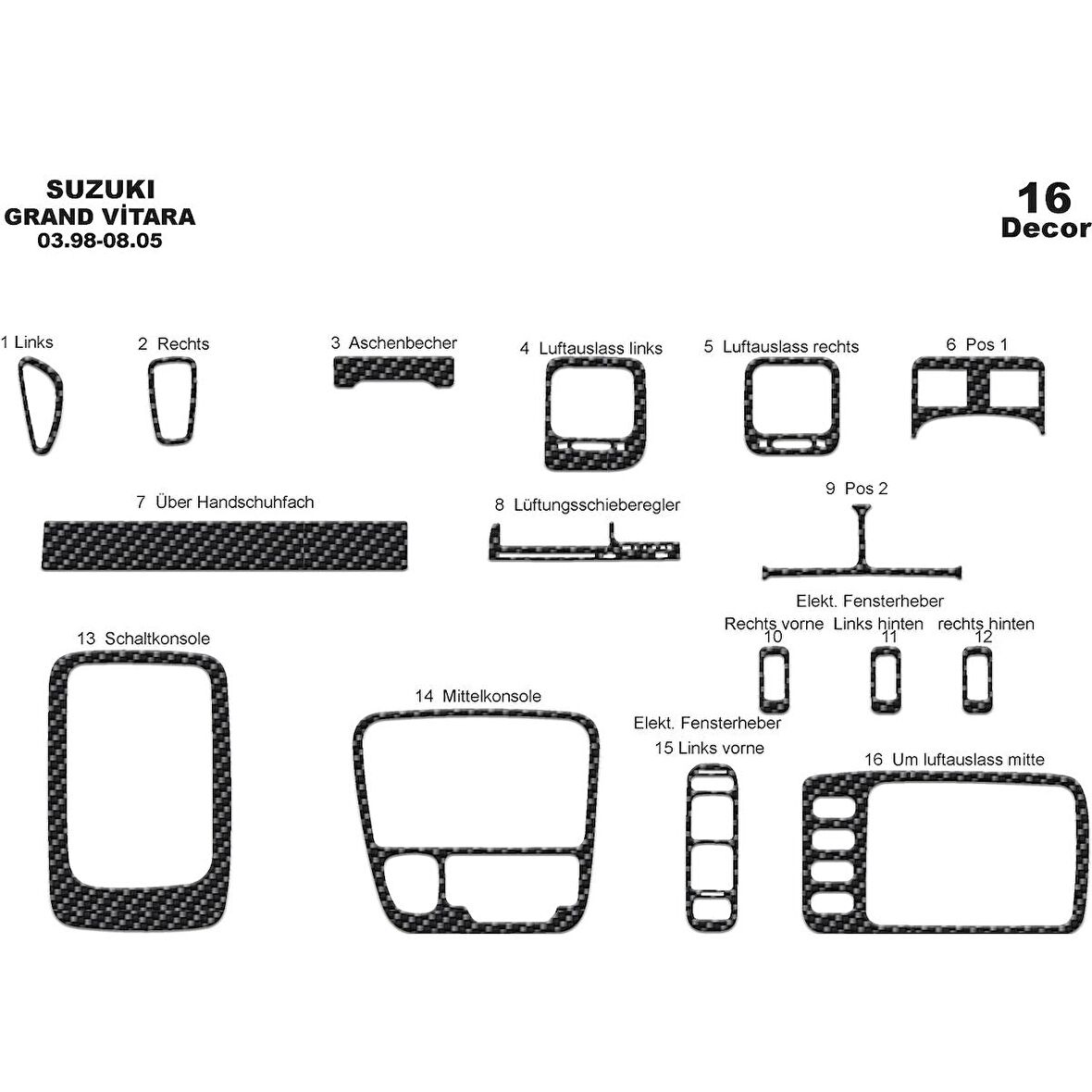 Meriç® Suzuki Grand Vitara 4x4 Torpido Kaplama 16 Parça 1998-2005