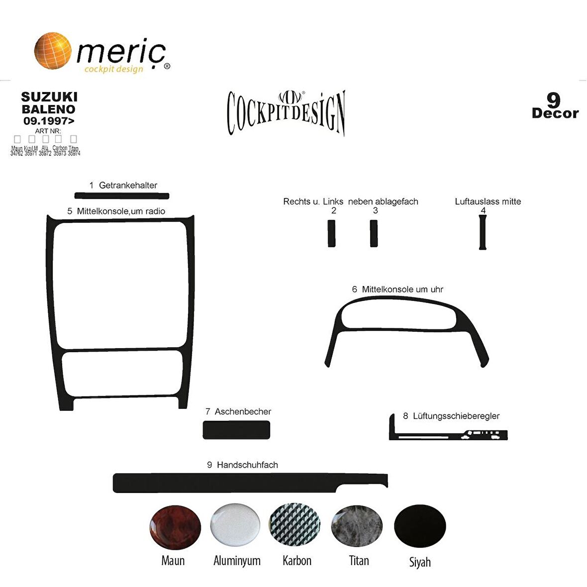 Meriç® Suzuki Baleno Ön Torpido Kaplama 9 Parça 1997-2006