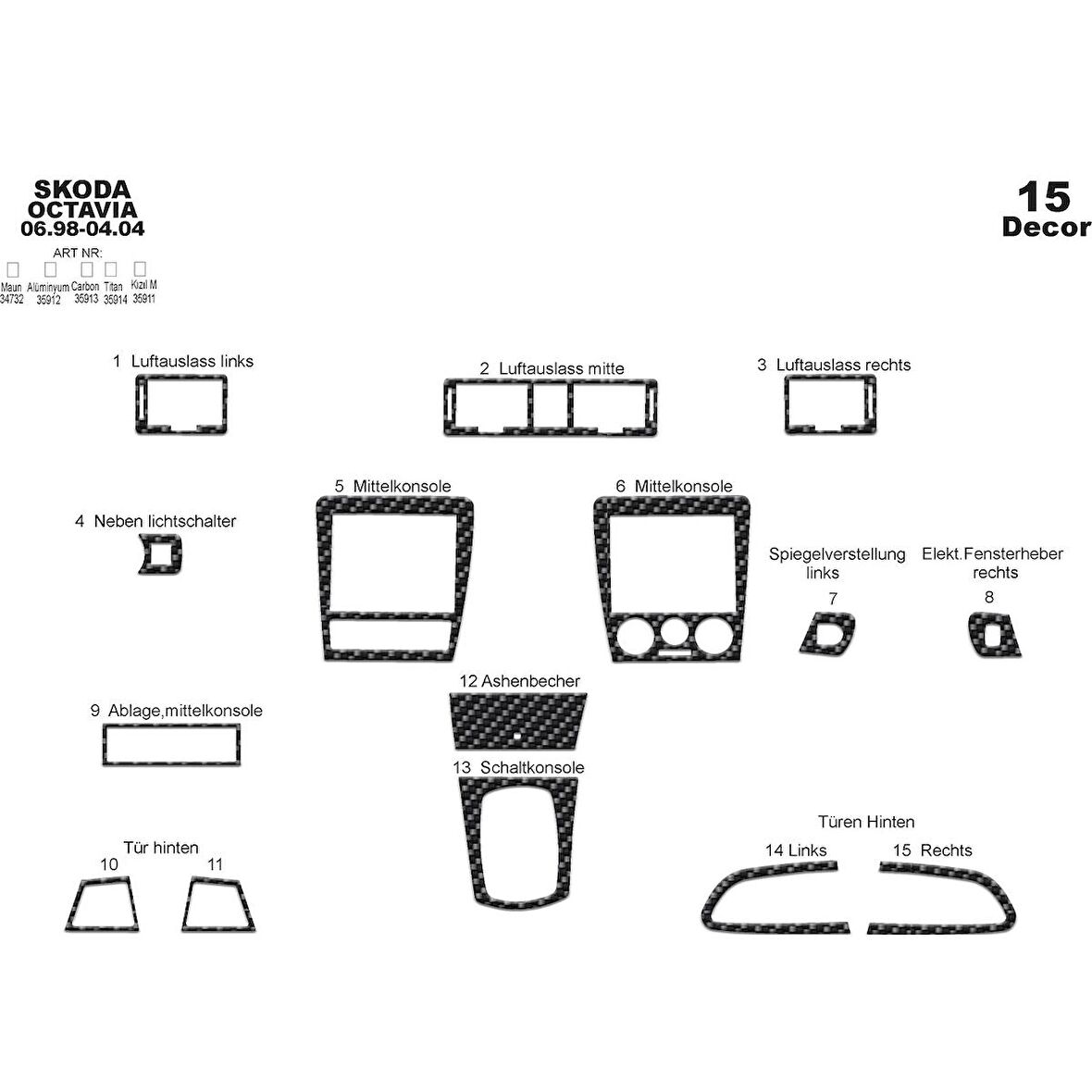 Meriç® Skoda Octavia Ön Torpido Kaplama 15 Parça 1998-2004