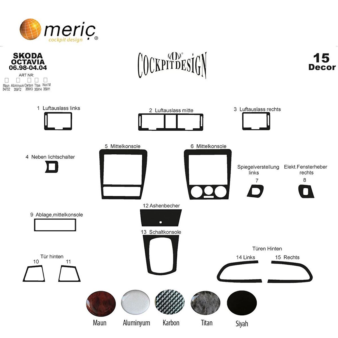 Meriç® Skoda Octavia Ön Torpido Kaplama 15 Parça 1998-2004