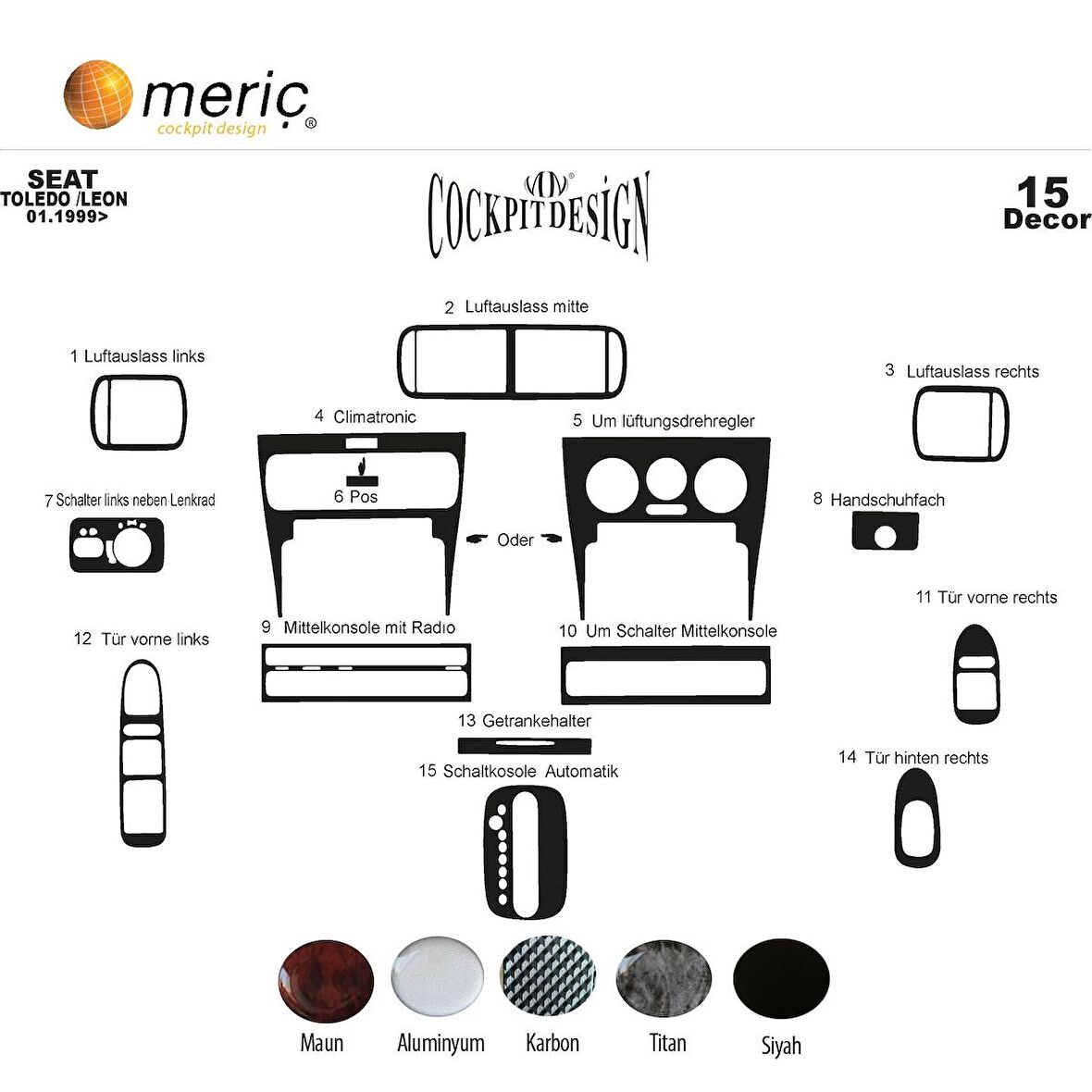 Meriç® Seat Toledo - Leon Ön Torpido Kaplama 15 Parça 1999-2002