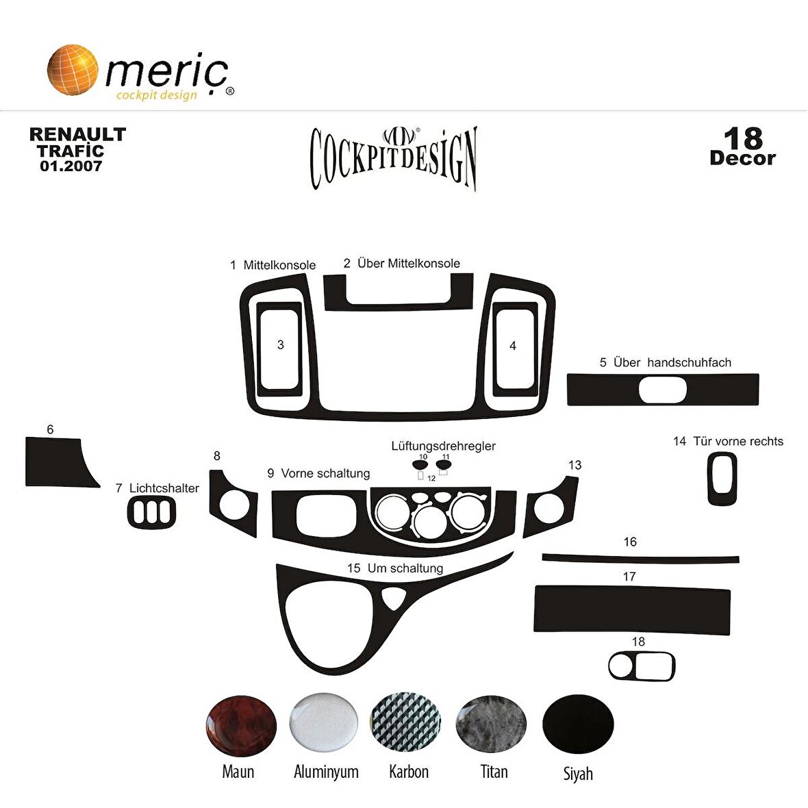 Meriç® Renault Trafic Torpido Kaplama 18 Parça 2007-2010