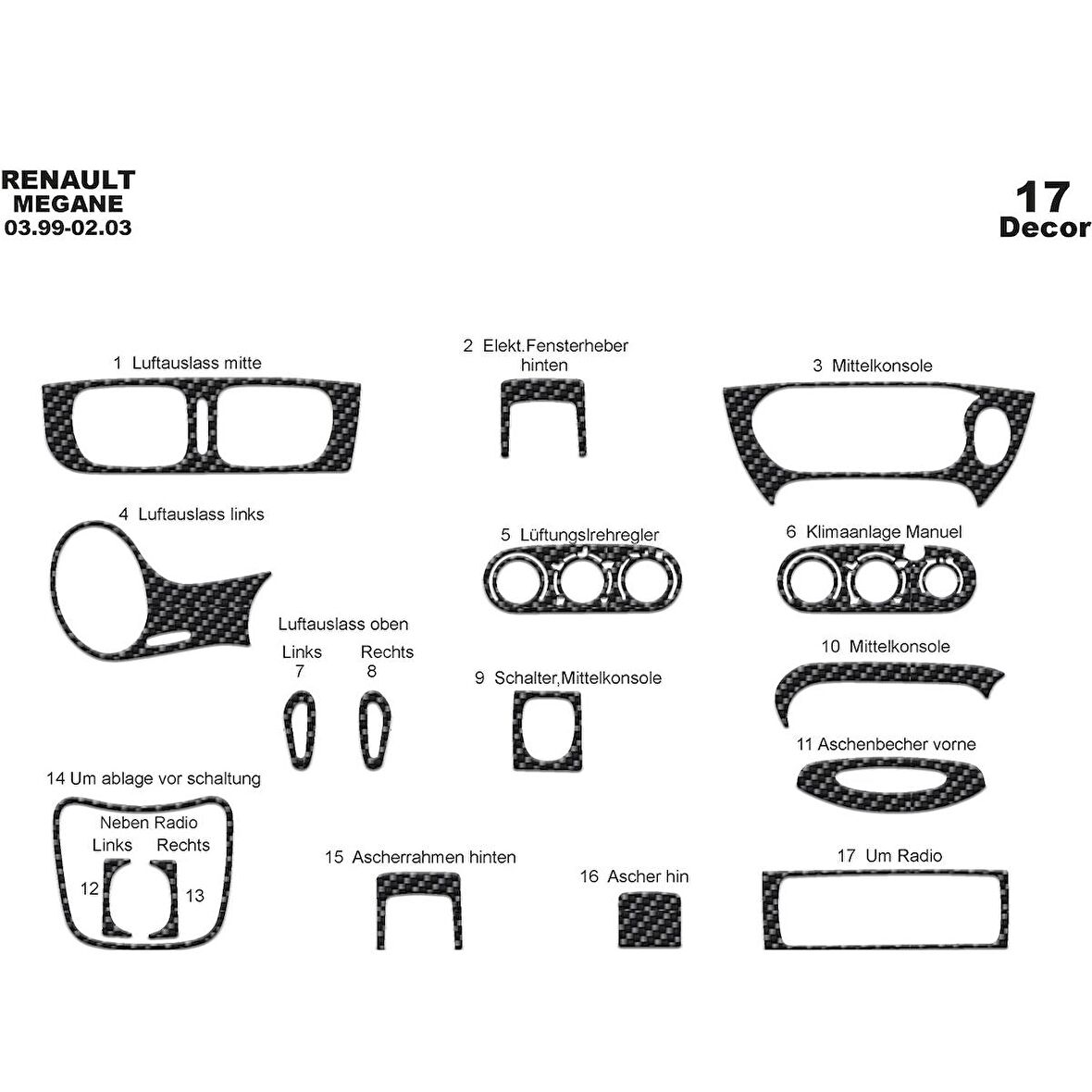 Meriç® Renault Megane Ön Torpido Kaplama 17 Parça 1999-2003