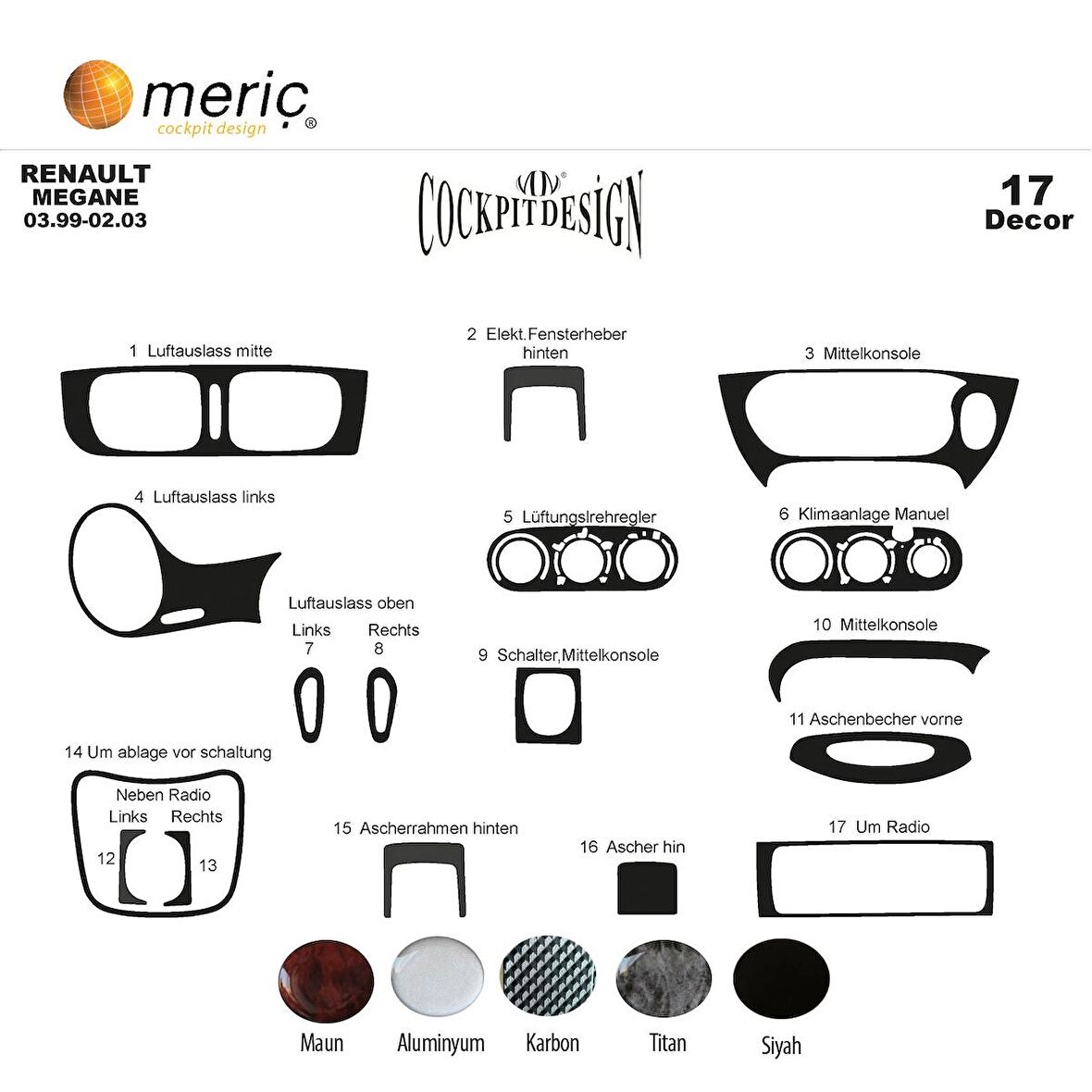 Meriç® Renault Megane Ön Torpido Kaplama 17 Parça 1999-2003