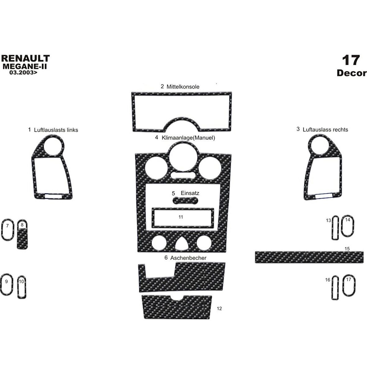 Meriç® Renault Megane 2 Ön Torpido Kaplama 17 Prç (Analog Klima) 03-09
