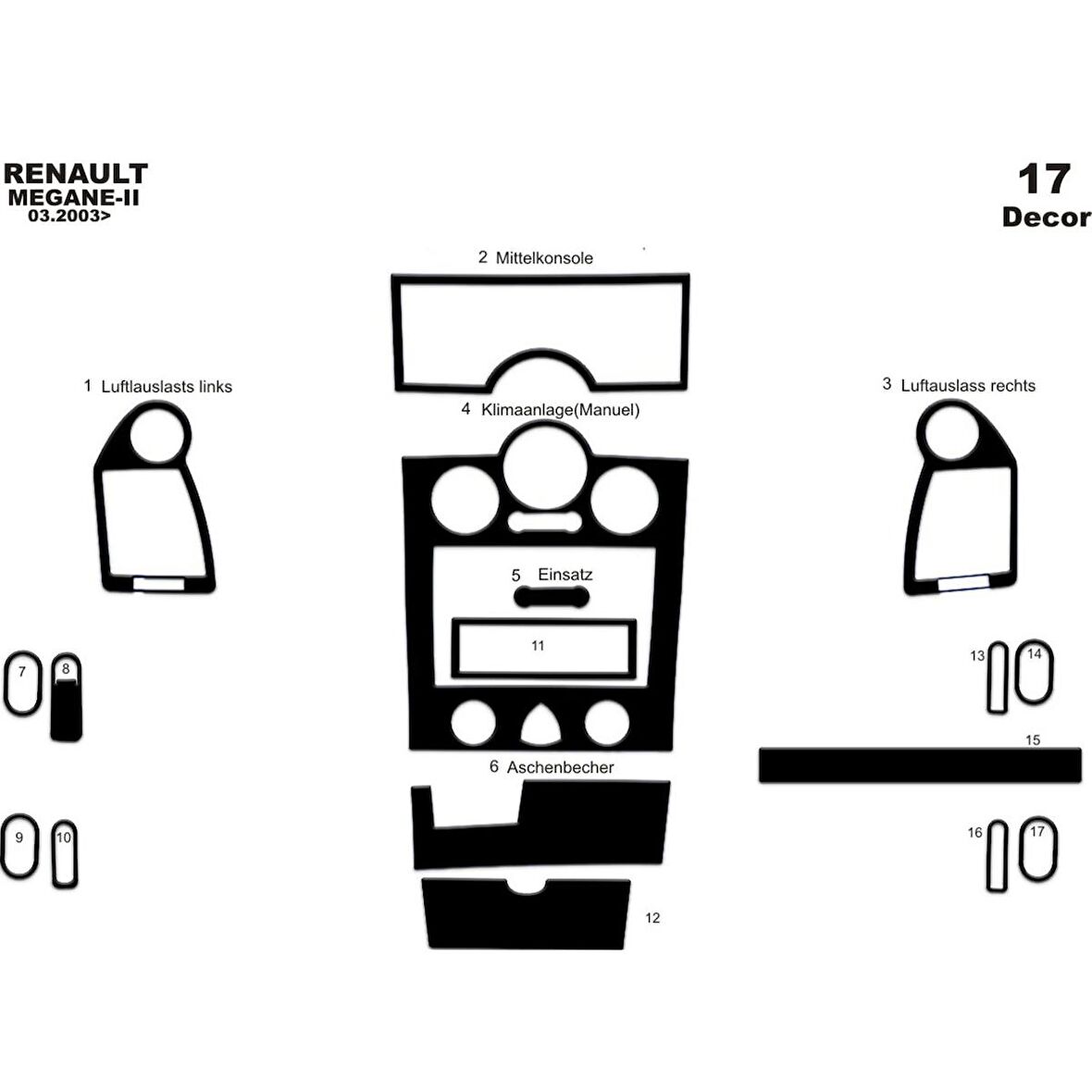 Meriç® Renault Megane 2 Ön Torpido Kaplama 17 Prç (Analog Klima) 03-09