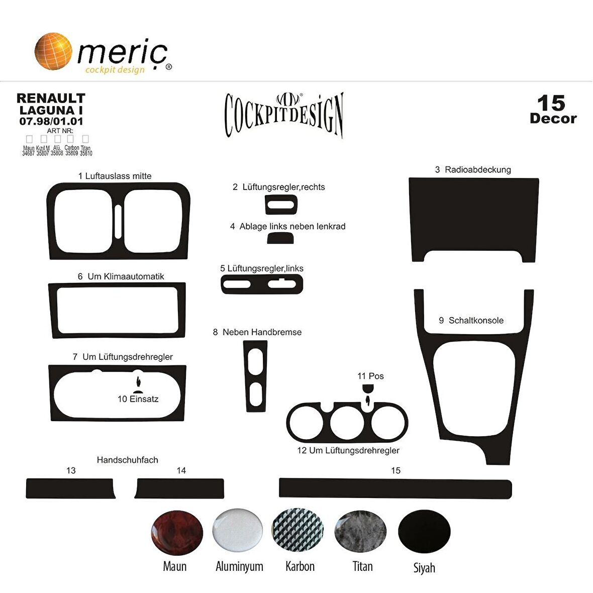 Meriç® Renault Laguna Ön Torpido Kaplama 15 Parça 1998-2001