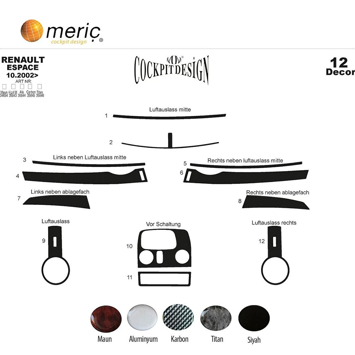 Meriç® Renault Espace Ön Torpido Kaplama 12 Parça 2002-2018