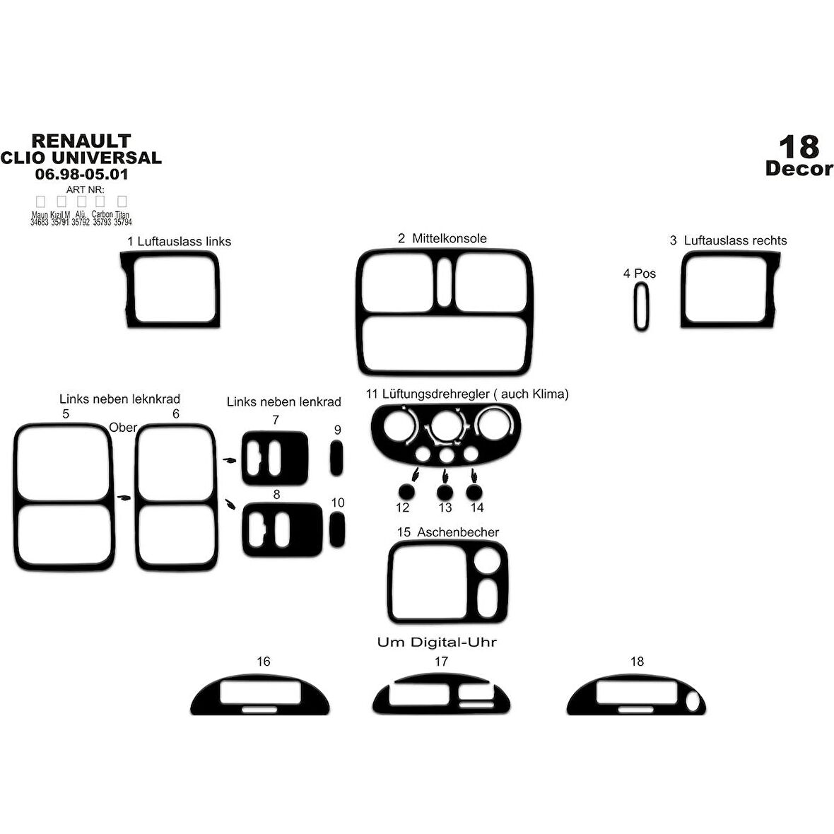 Meriç® Renault Clio Ön Torpido Kaplama 18 Parça 1998-2001