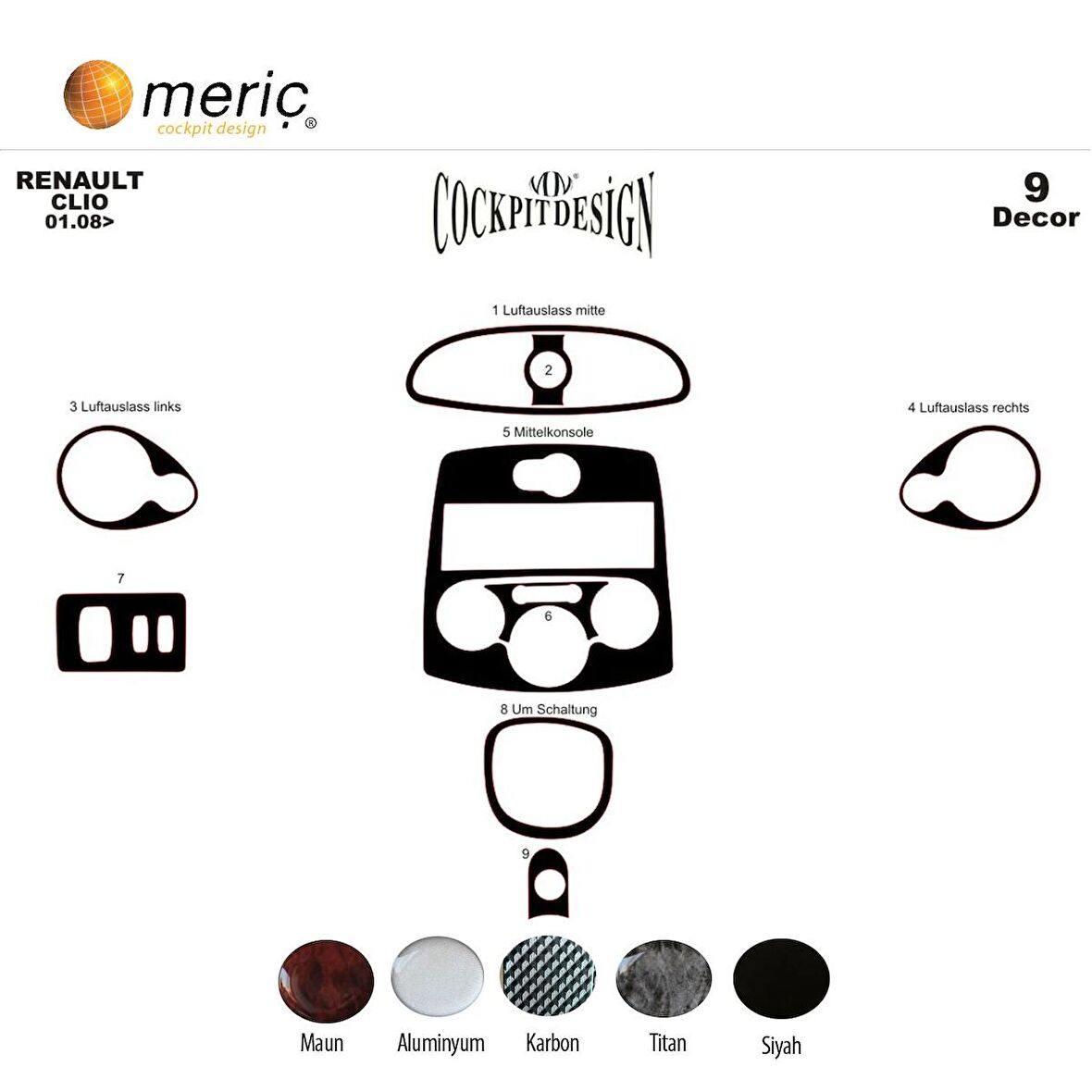 Meriç® Renault Clio 3 Ön Torpido Kaplama 9 Parça 2005-2012