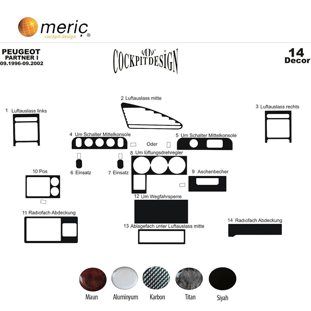 Meriç® Peugeot Partner Ön Torpido Kaplama 14 Parça 1996-2002