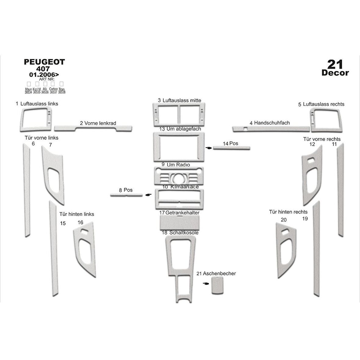 Meriç® Peugeot 407 Ön Torpido Kaplama 11 Parça 2005-2010