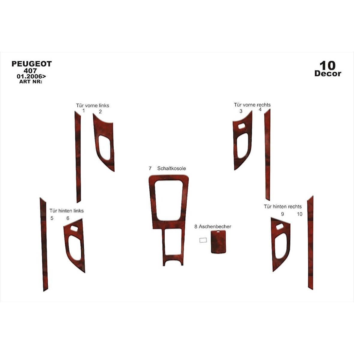 Meriç® Peugeot 407 Kapılar Ön Torpido Kaplama 10 Parça 2005-2010