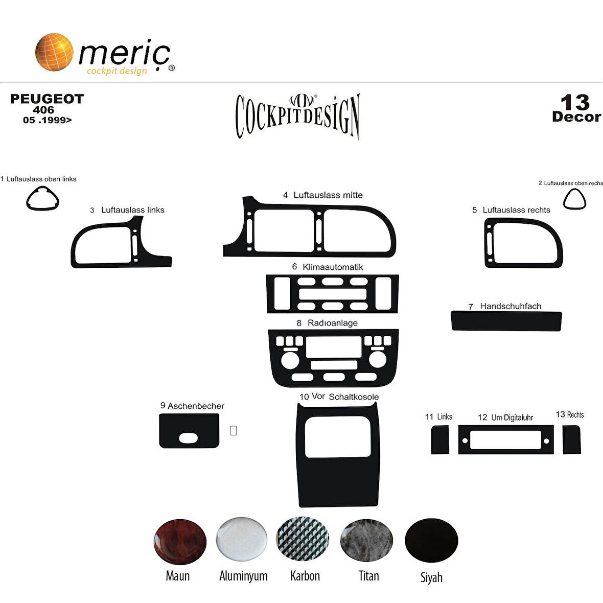 Meriç® Peugeot 406 Ön Torpido Kaplama 13 Parça 1999-2005