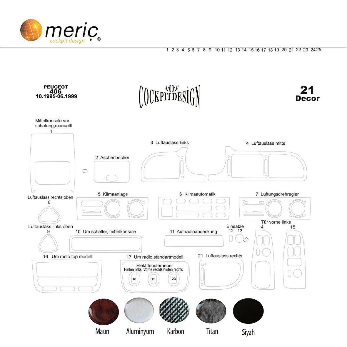 Meriç® Peugeot 406 Ön Torpido Kaplama 21 Parça 1995-1999