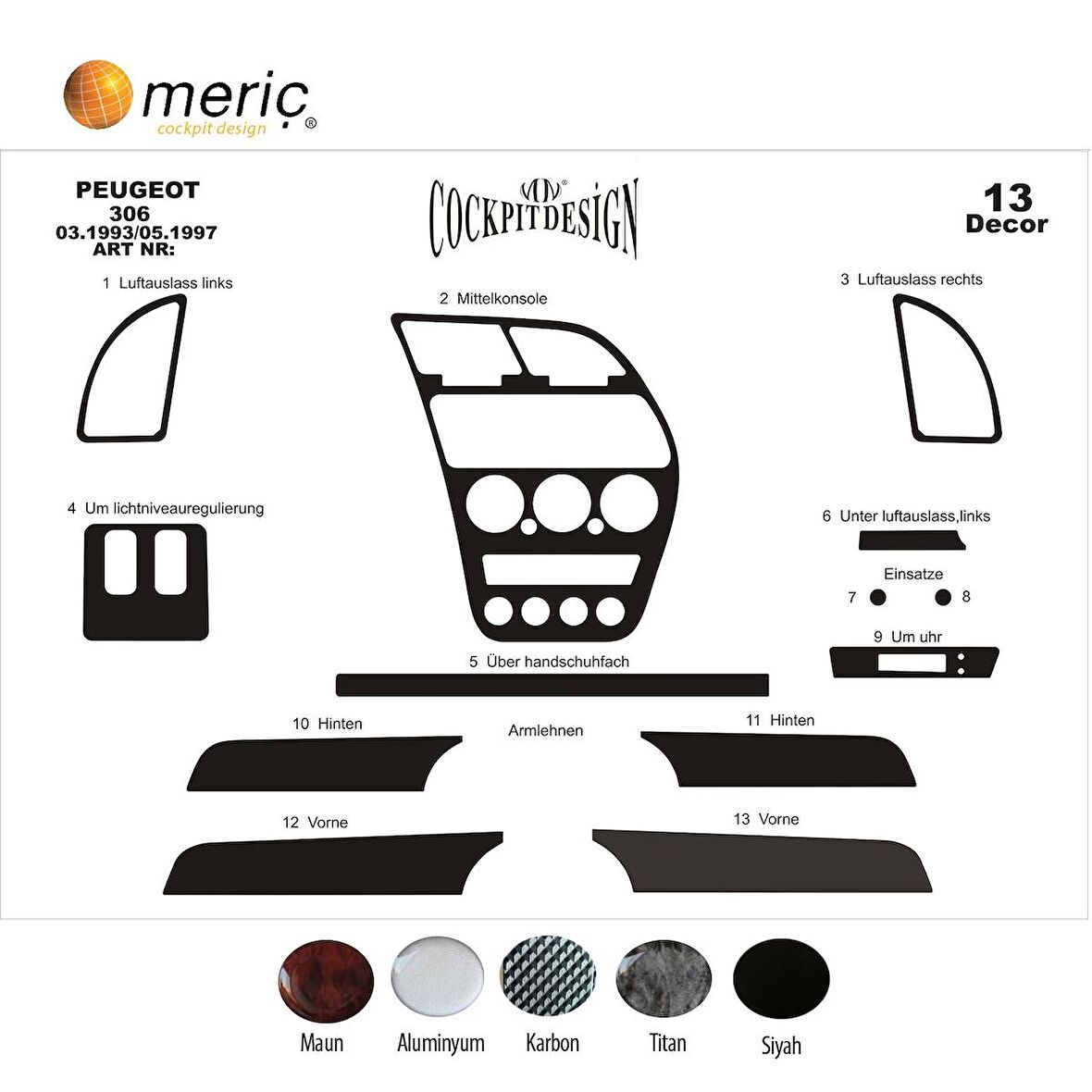 Meriç® Peugeot 306 Ön Torpido Kaplama 13 Parça 1993-1997