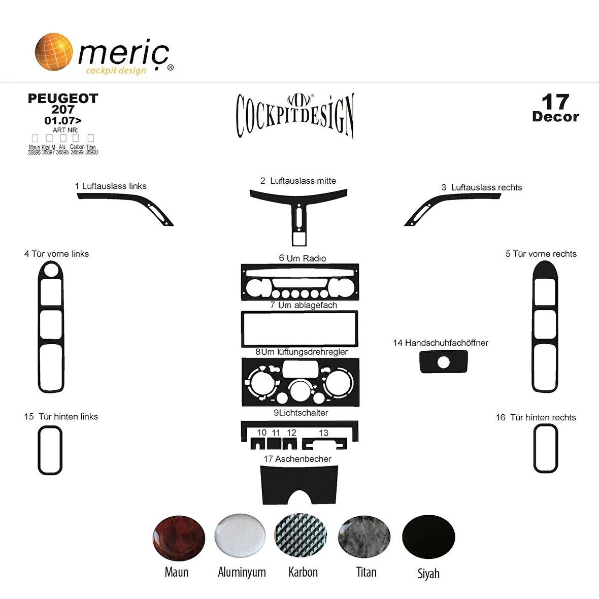 Meriç® Peugeot 207 Ön Torpido Kaplama 17 Parça 2007-›
