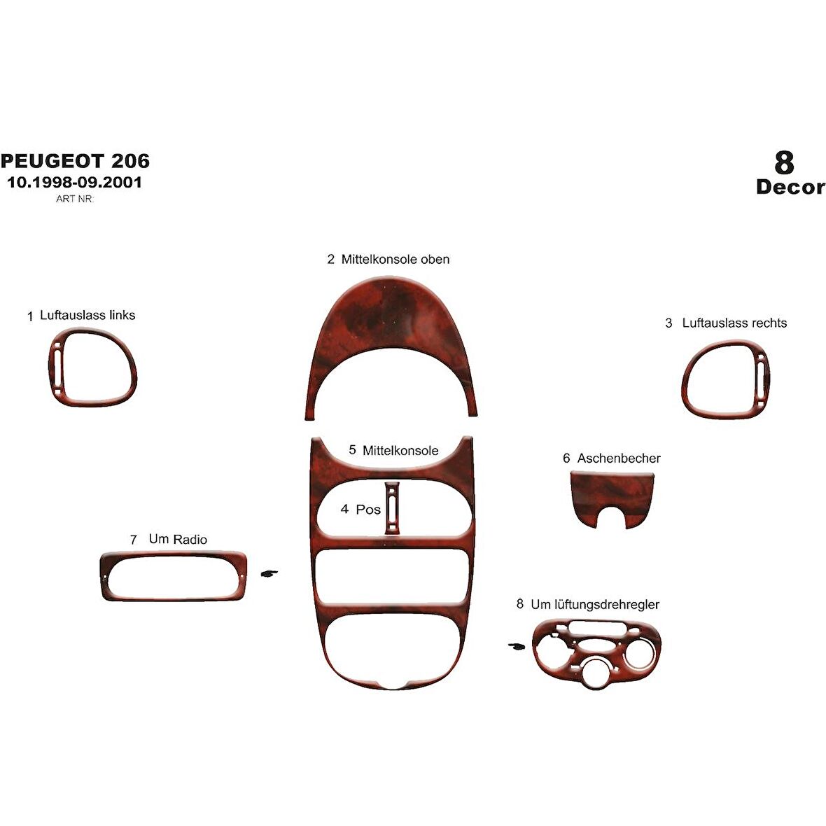 Meriç® Peugeot 206 Ön Torpido Kaplama 8 Parça 1998-2001