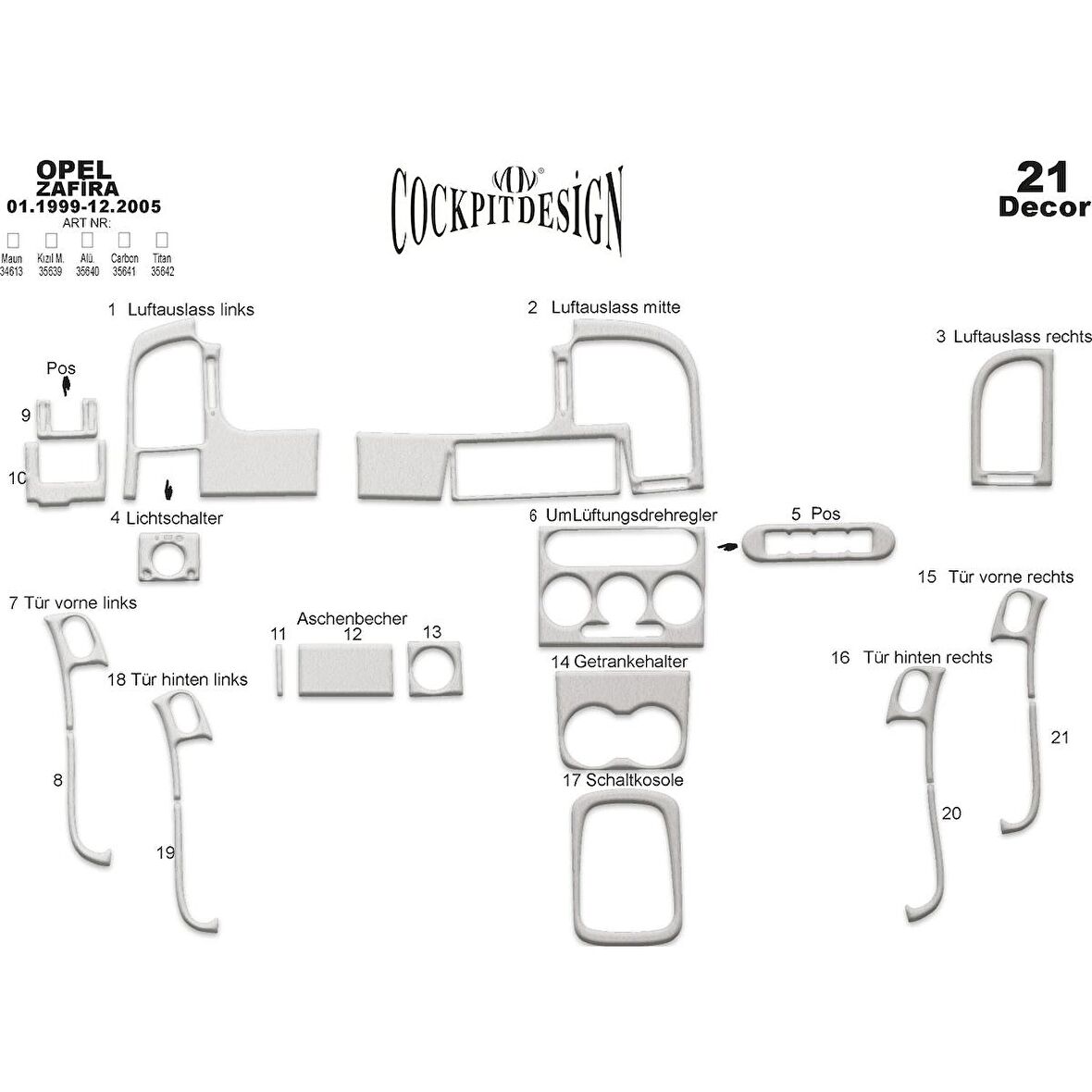 Meriç® Opel Zafira Ön Torpido Kaplama 21 Parça 1999-2005