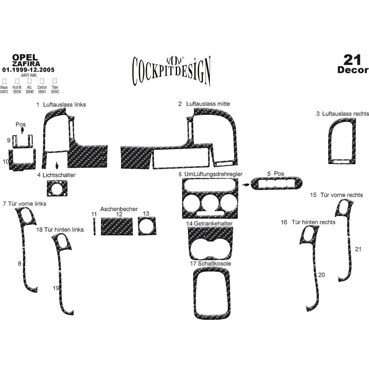 Meriç® Opel Zafira Ön Torpido Kaplama 21 Parça 1999-2005