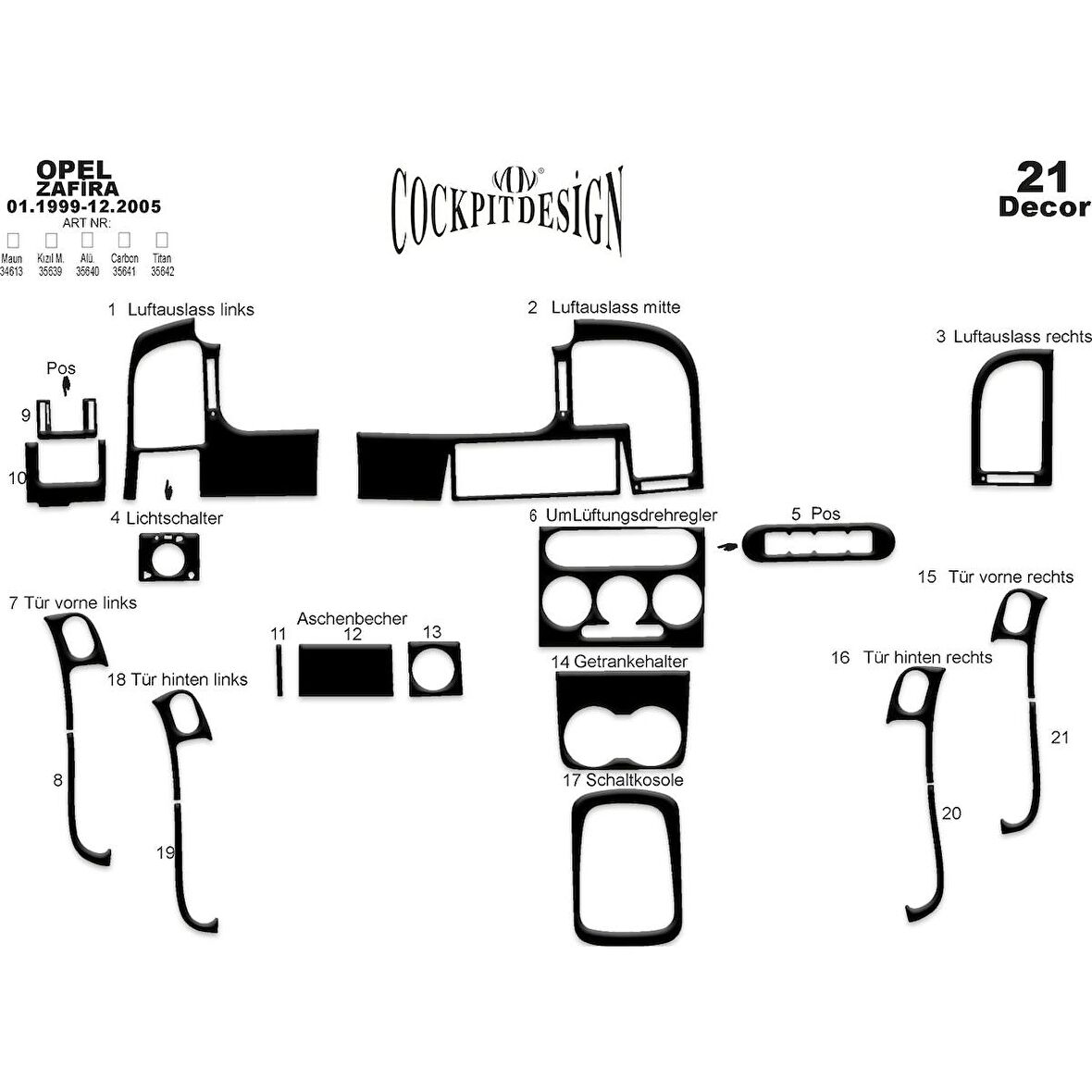 Meriç® Opel Zafira Ön Torpido Kaplama 21 Parça 1999-2005