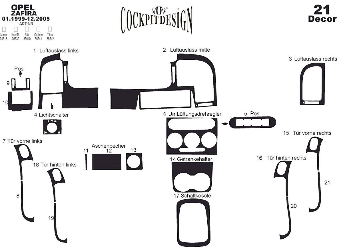 Meriç® Opel Zafira Ön Torpido Kaplama 21 Parça 1999-2005