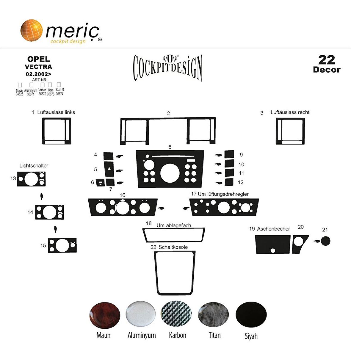 Meriç® Opel Vectra C Ön Torpido Kaplama 22 Parça 2002-2008