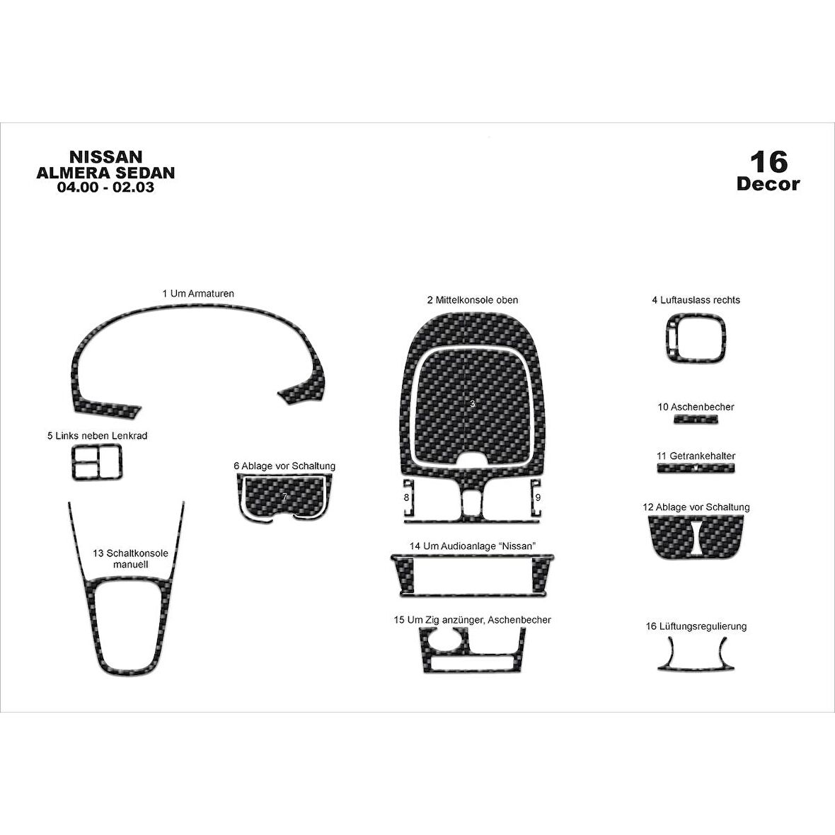 Meriç® Nissan Almera SD Ön Torpido Kaplama 16 Parça 2000-2003