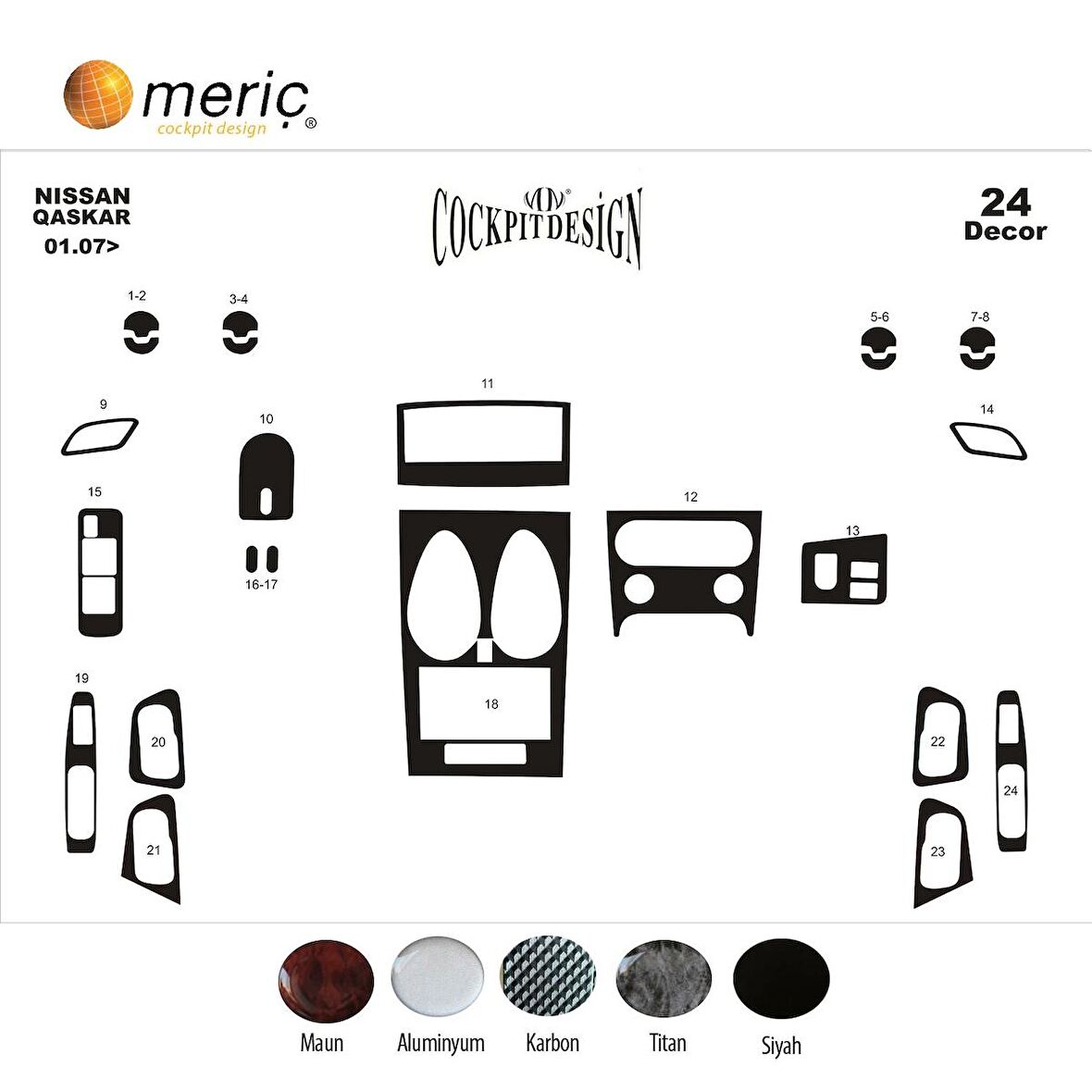 Meriç® Nissan Qashqai Ön Torpido Kaplama 24 Parça 2007-2010