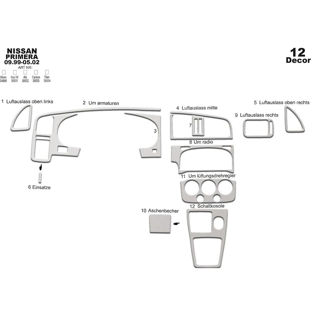 Meriç® Nissan Primera Ön Torpido Kaplama 12 Parça 1999-2002